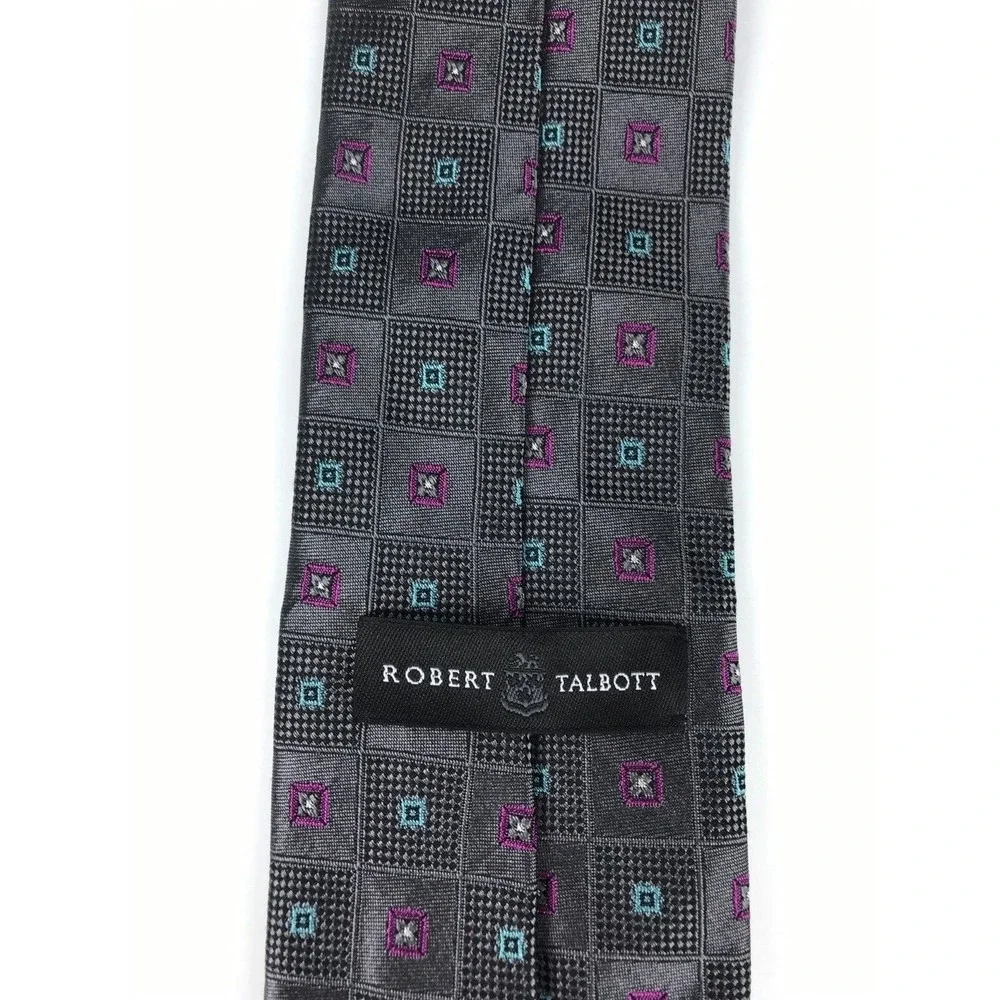 Robert Talbott Men's Tie 100% Silk Gray Blue Purple Foulard Elegant Necktie 60